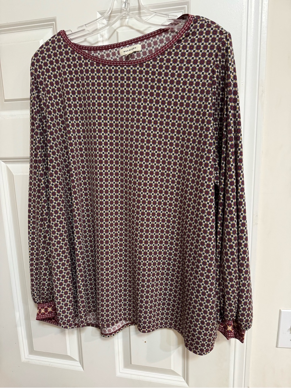 Max Studio Burgundy and Cream Geometric Long-Sleeve Top